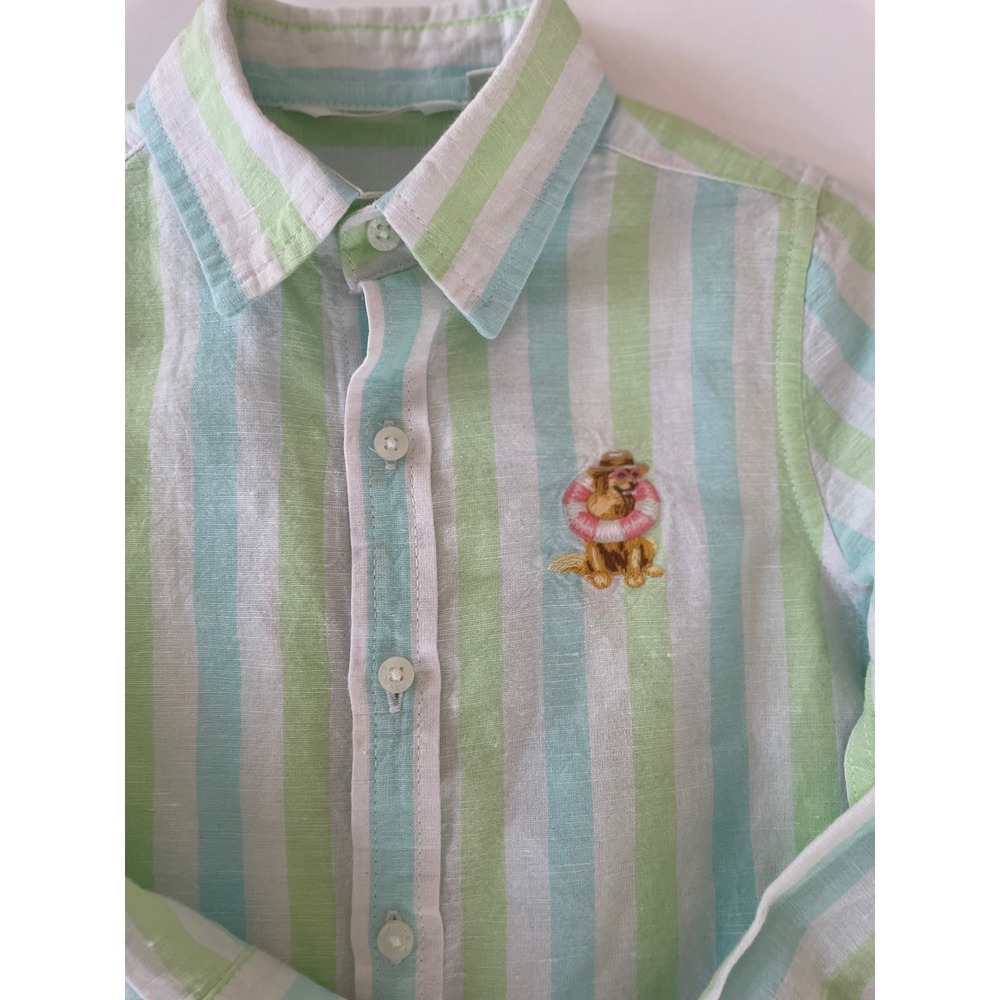 Janie and Jack x Gray Malin Boys Striped Linen Cotton Shirt Green Blue Size 4 - Picture 9 of 12